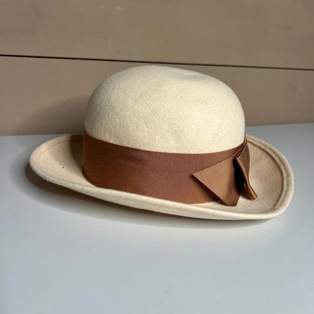 70s 60s Fedoria Cream Wool Felt Hat Brown Ribbon Bow Vintage Women’s
